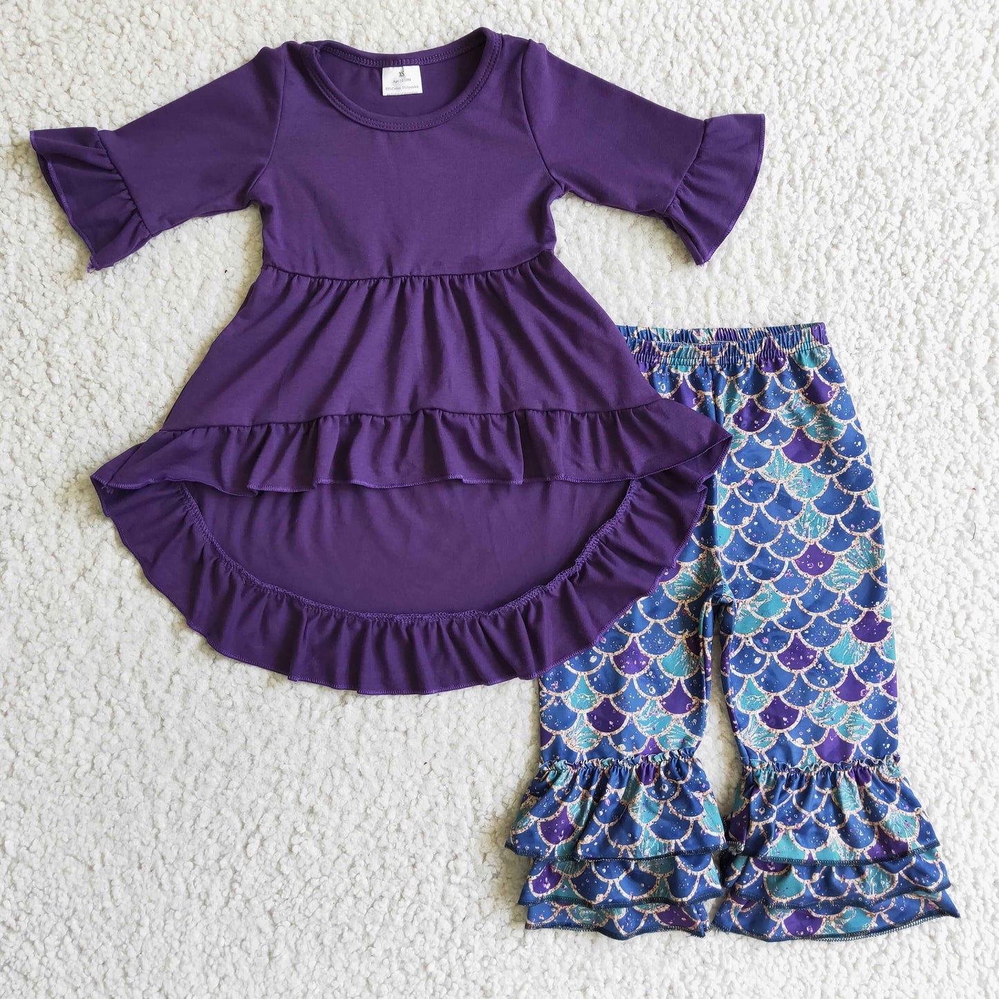 Lila High-Low Tunika Meerjungfrauen-Schuppenhose Mädchen-Bekleidungsset