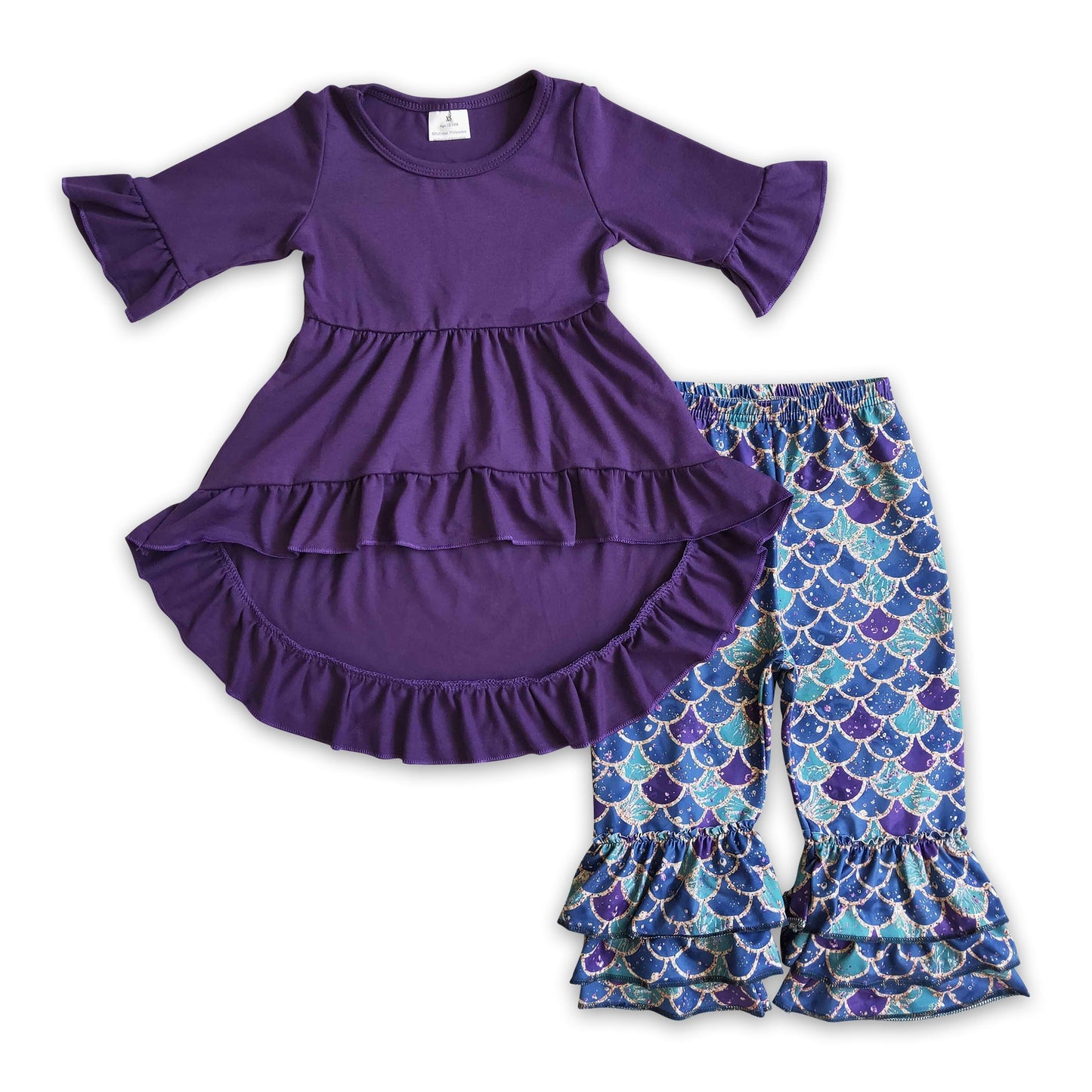 Lila High-Low Tunika Meerjungfrauen-Schuppenhose Mädchen-Bekleidungsset