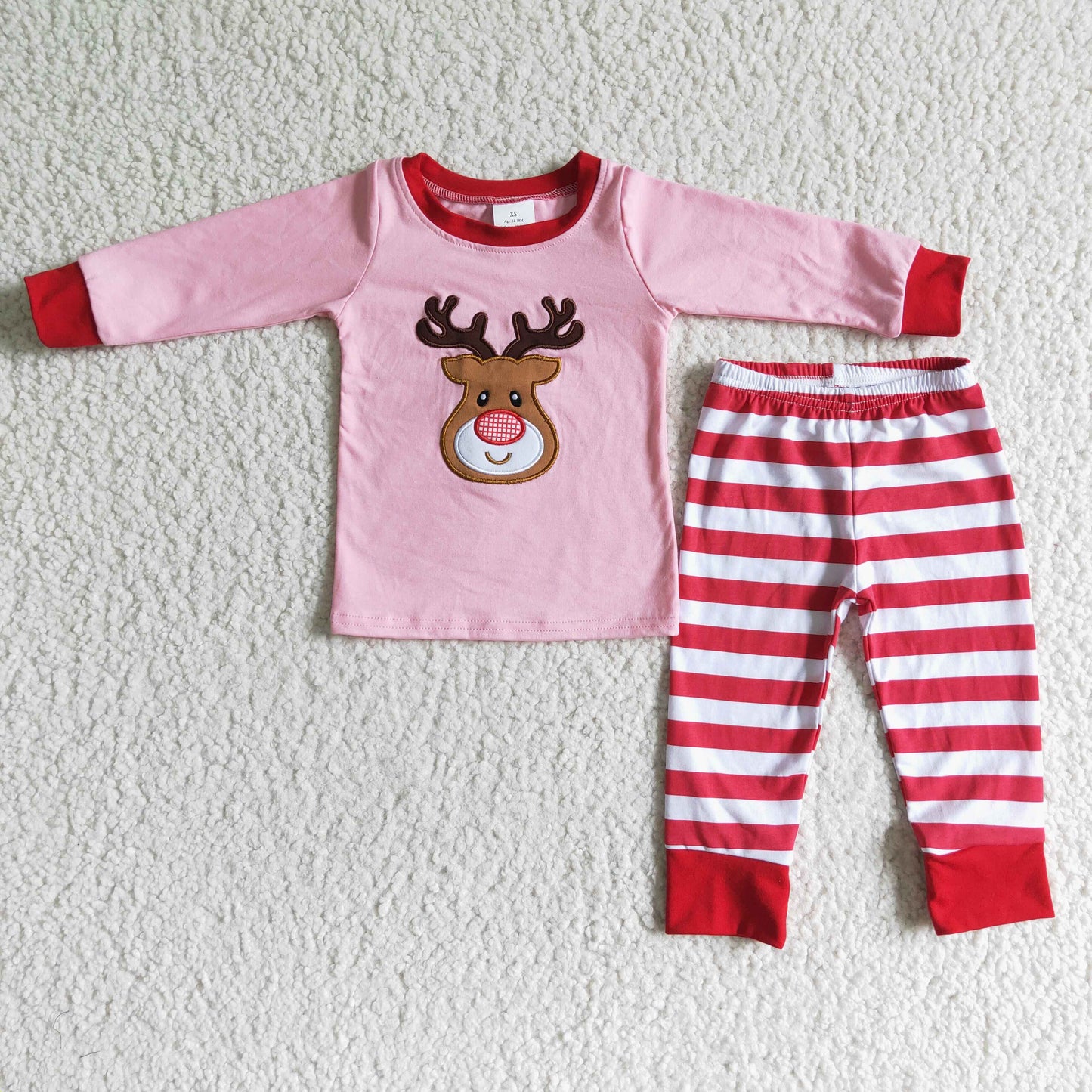 Rosa Rentier-Applikation Mädchen Pyjama aus Baumwolle für Weihnachten
