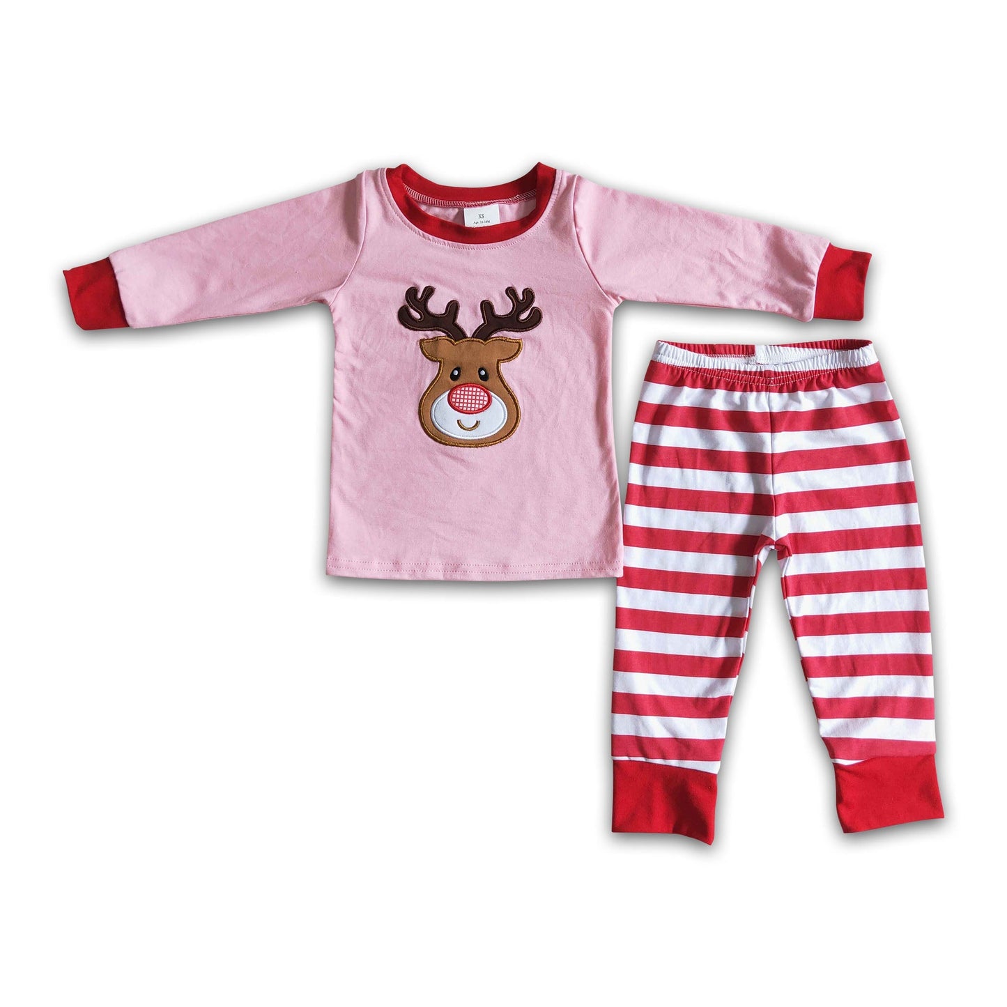 Rosa Rentier-Applikation Mädchen Pyjama aus Baumwolle für Weihnachten