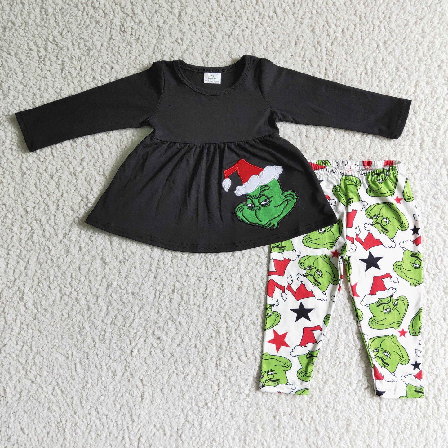 Schwarze Baumwoll-Tunika mit grünem Gesichts-Applikation und Leggings – Weihnachtsoutfits