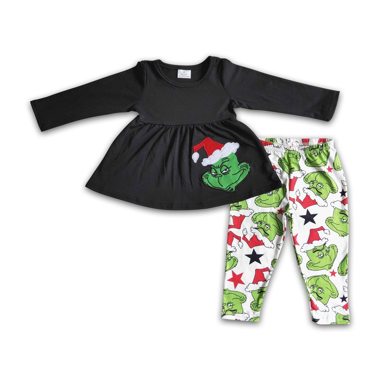 Schwarze Baumwoll-Tunika mit grünem Gesichts-Applikation und Leggings – Weihnachtsoutfits