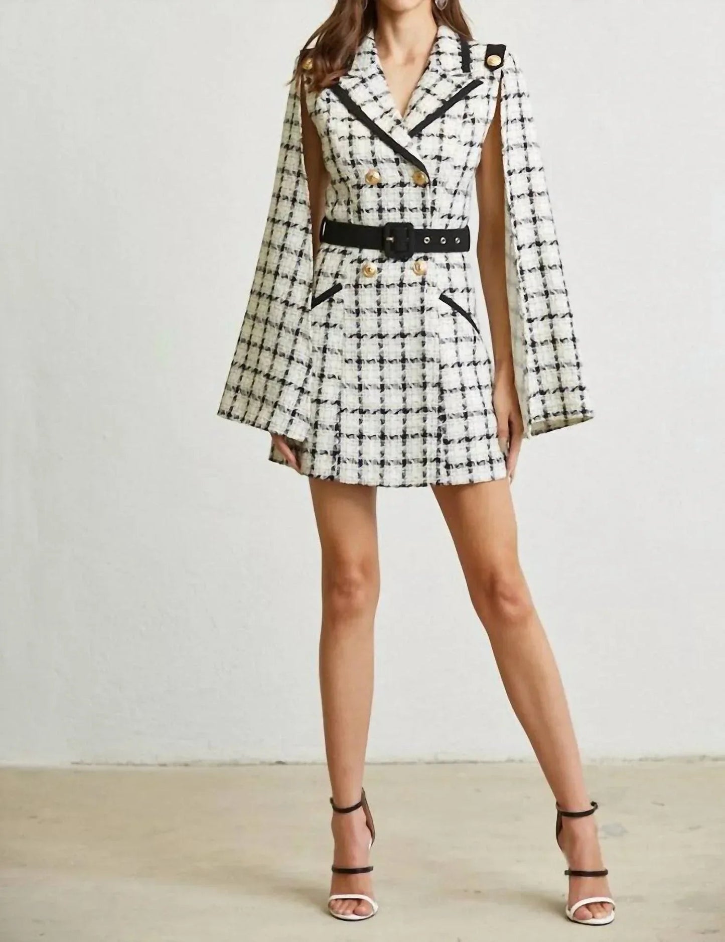 Plaid Tweed Cape Shoulder Dress