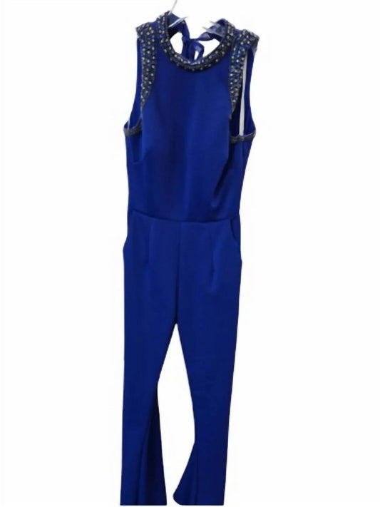 Women's Formal Sleeveless High Neck Jumpsuit With Gemstone Trim