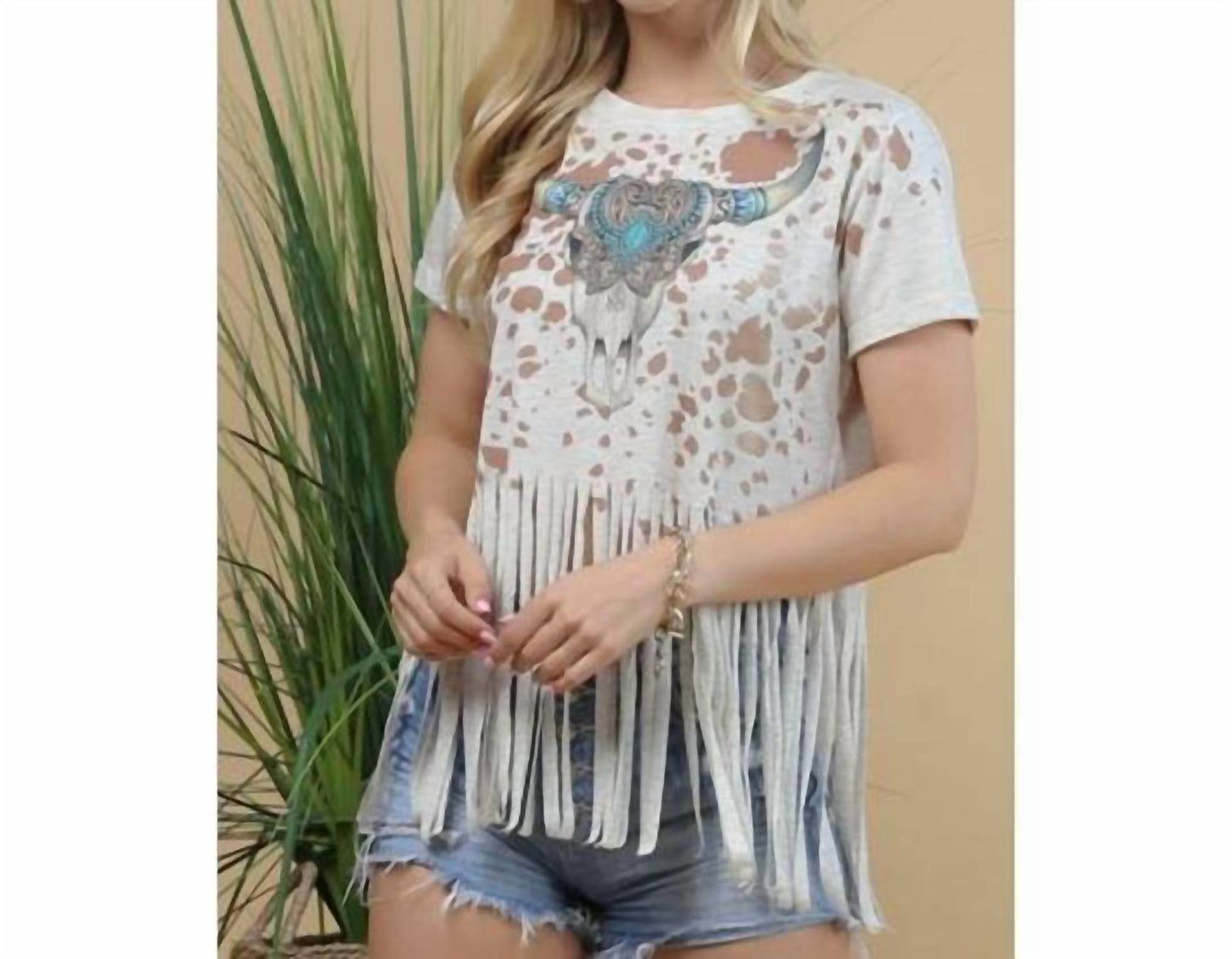 Western Longhorn Kuh-Print Fransen-Top
