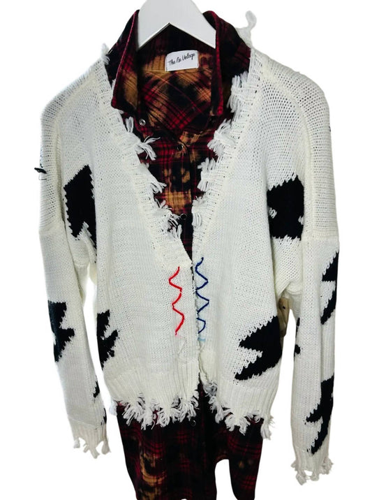 Women's Plaid Shirt With A Fringe Zig Zag Cardigan - 2 Piece Set
