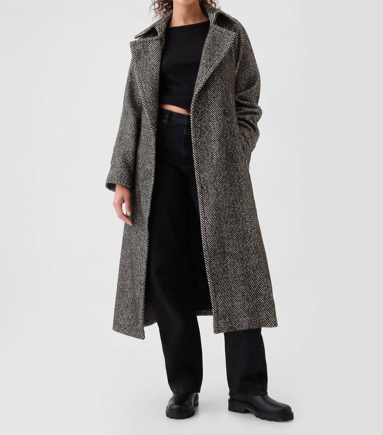 Zweireihiger Fischgrät-Trenchcoat mit Gürtel