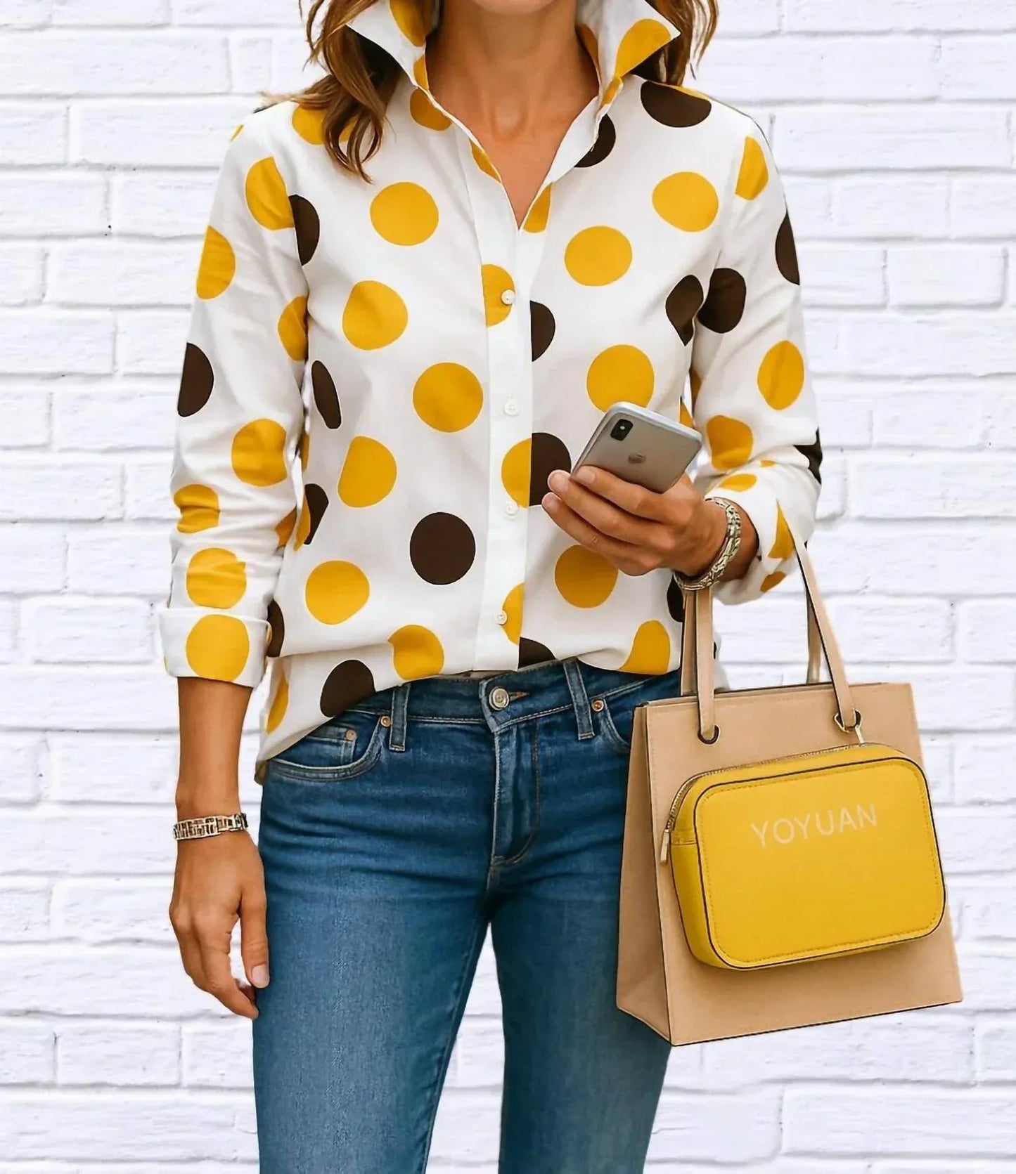 Polka Dot Asymmetrical Shirt with Flared Sleeve