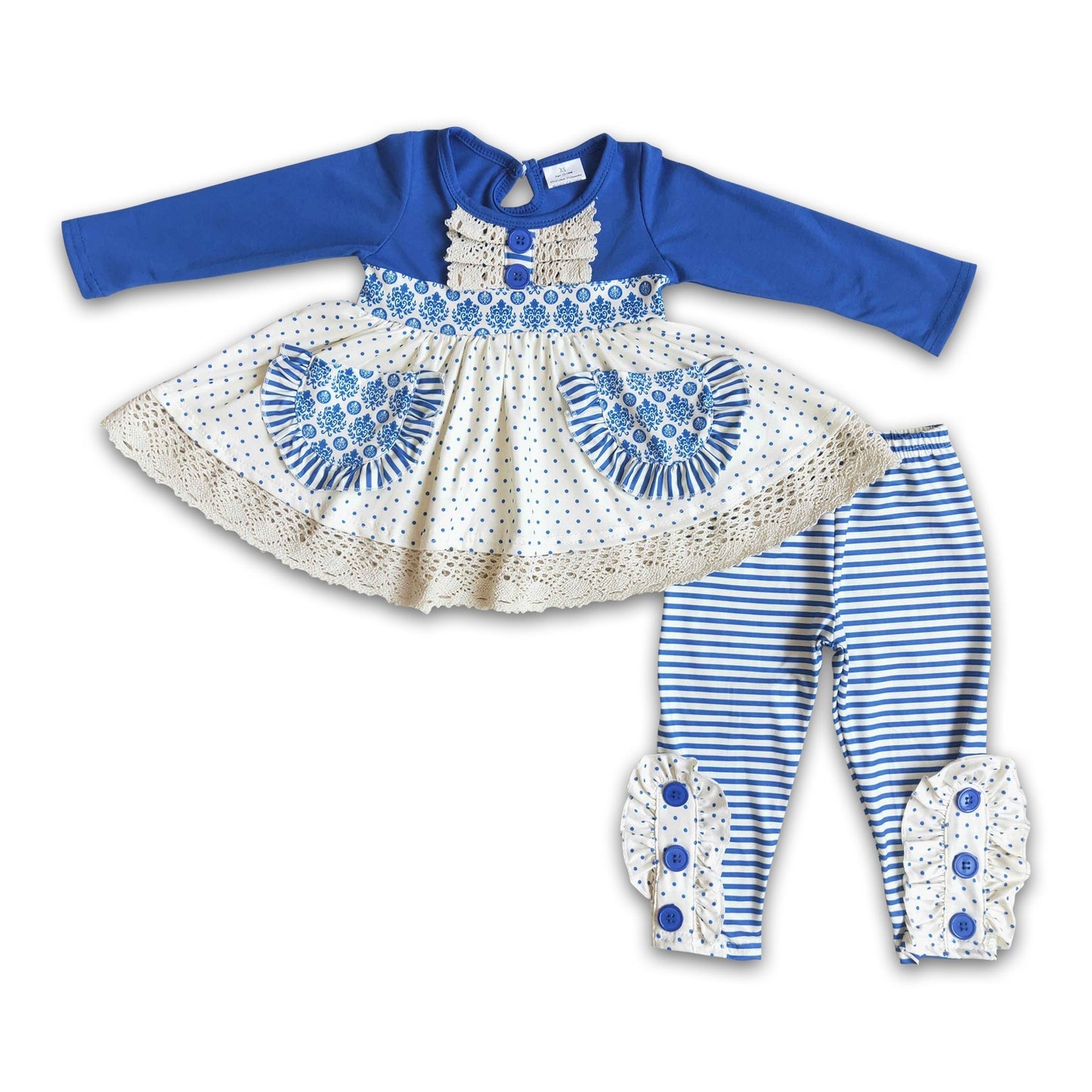 Blaues Taschentunika-Wirbelkleid Mädchen Boutique Herbst-Set