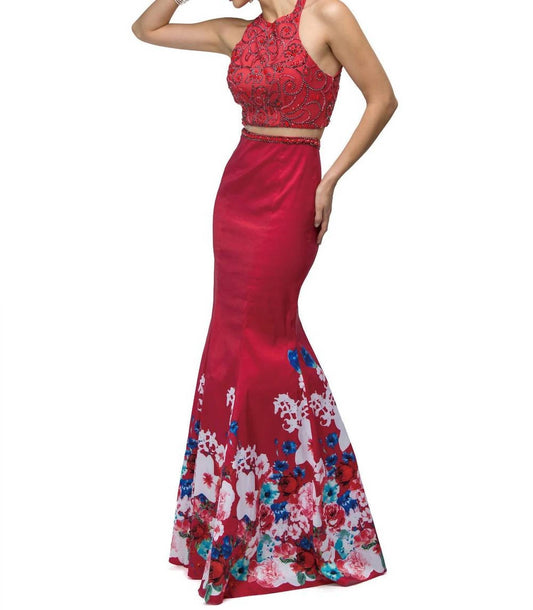 Embroidered Halter Neck Mermaid Gown With Floral Hem Detail