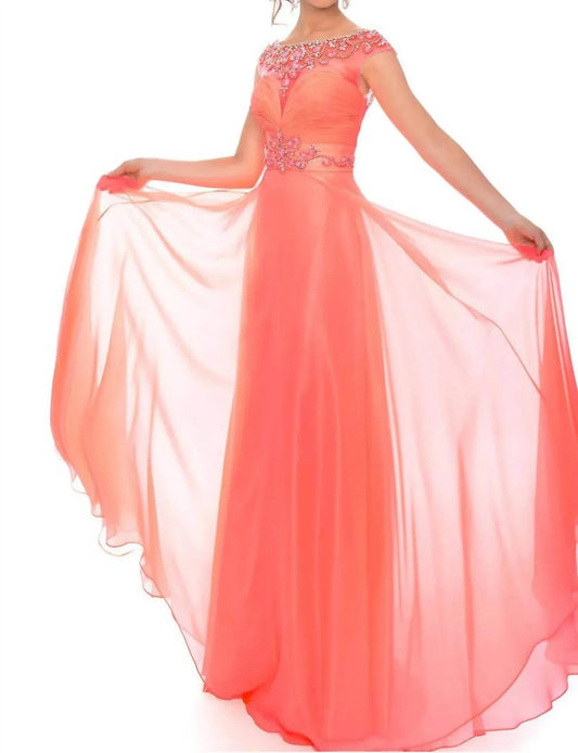 Handbesticktes Chiffon-Illusion-Ballkleid
