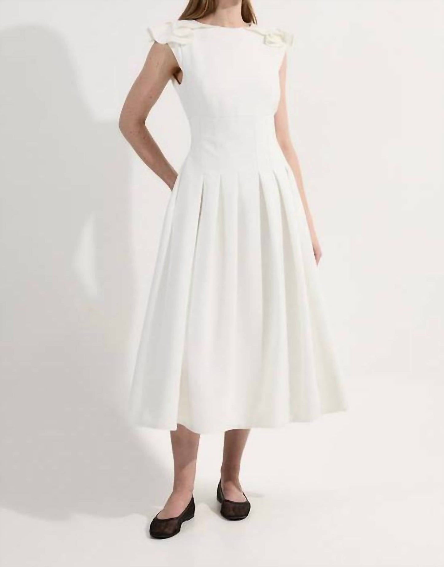 Structured Crepe Ruffle Shoulder Tailored Full Midi Dress