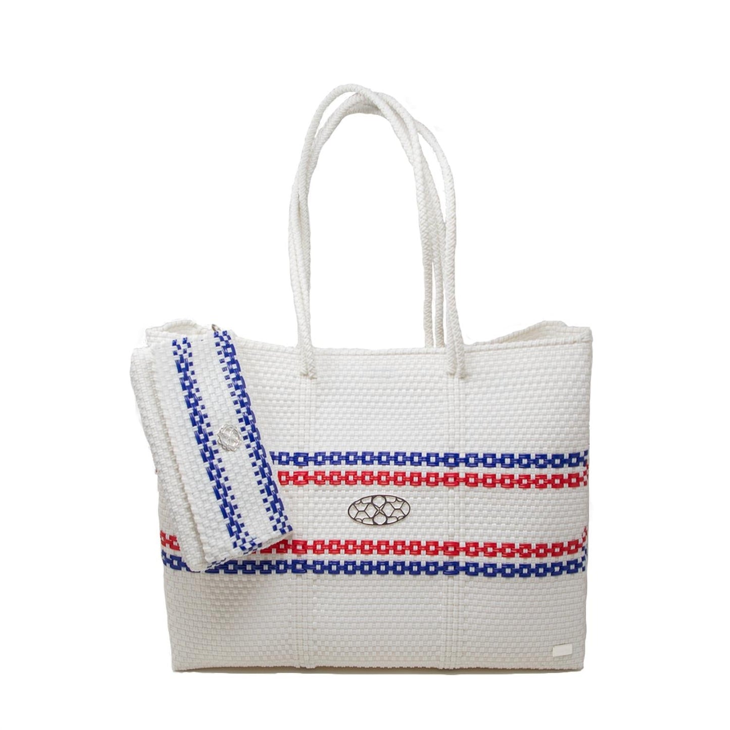 Gewebte Damen-Reisetasche mit Streifen und Clutch