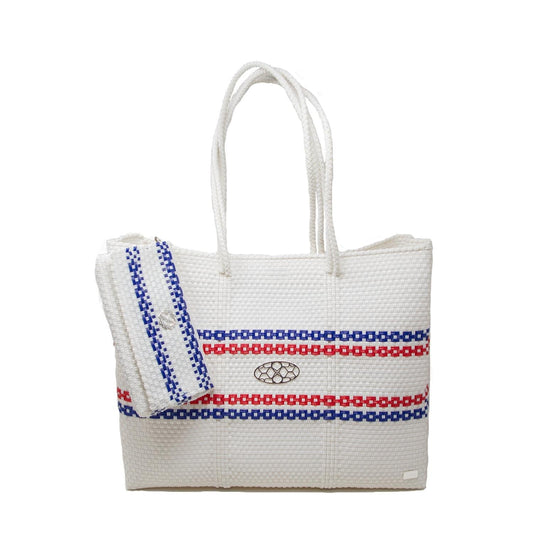 Women's Woven Line Striped Travel Tote Bag With Clutch