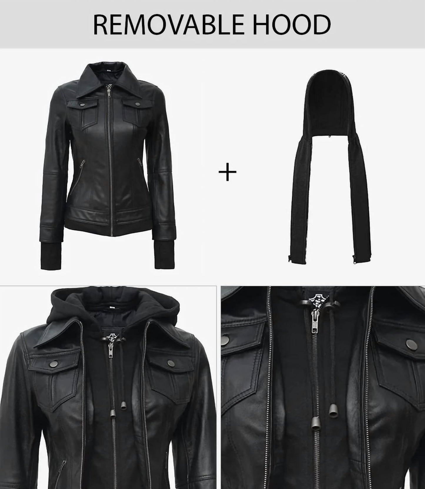 Damen Bomber-Lederjacke mit abnehmbarer Kapuze