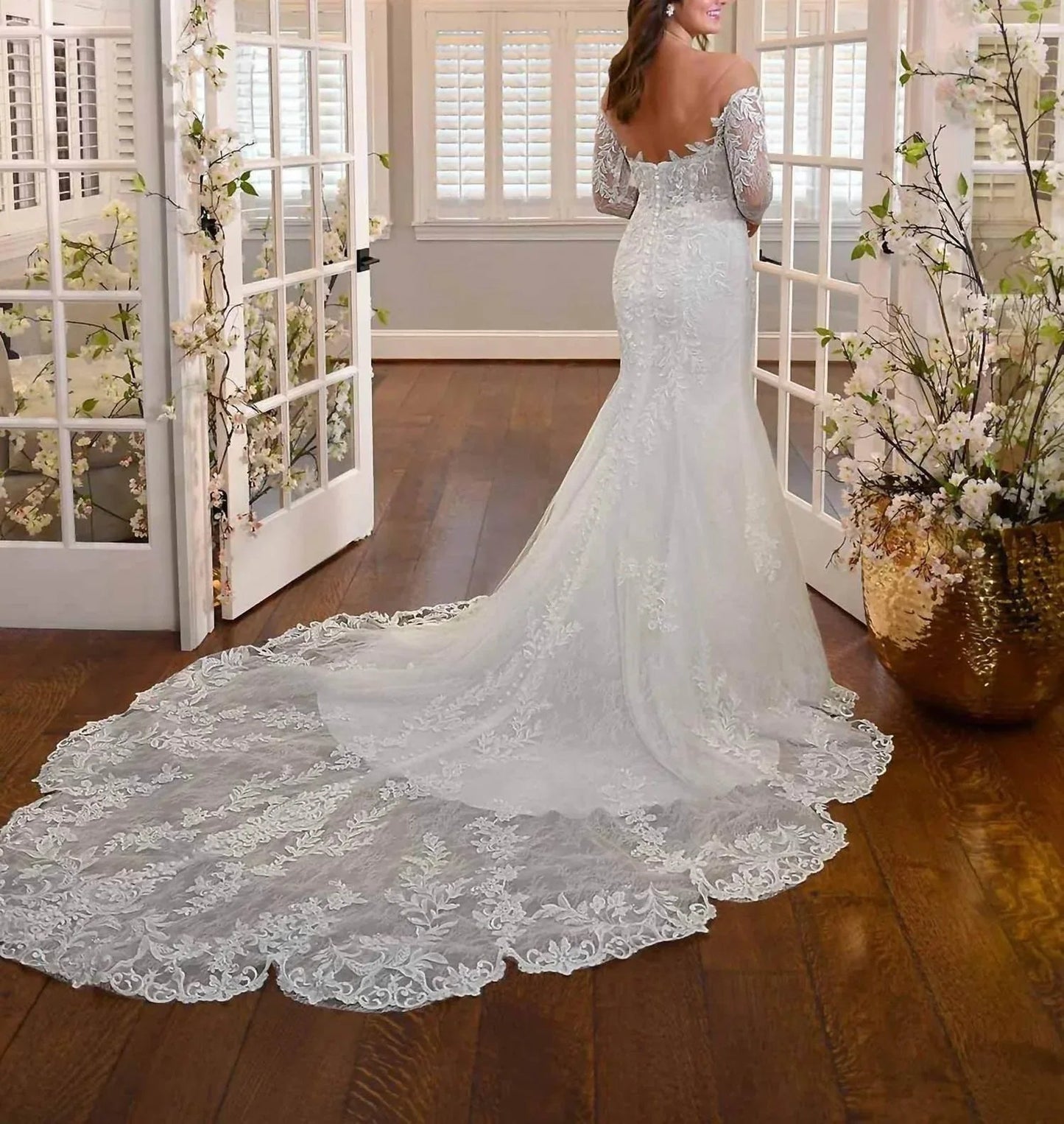 Long-sleeve Fit-and-flare Wedding Dress