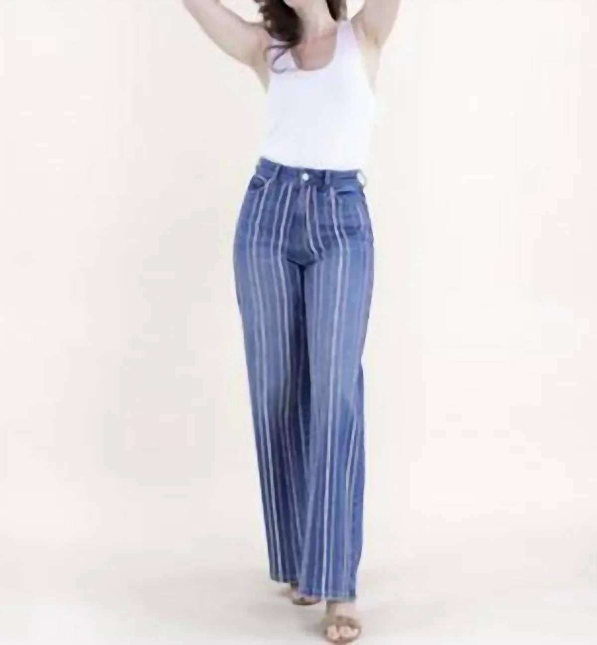 Gestreifte Jeans mit Strassverzierung, hoher Taille und ultraweitem Bein, Plus Size