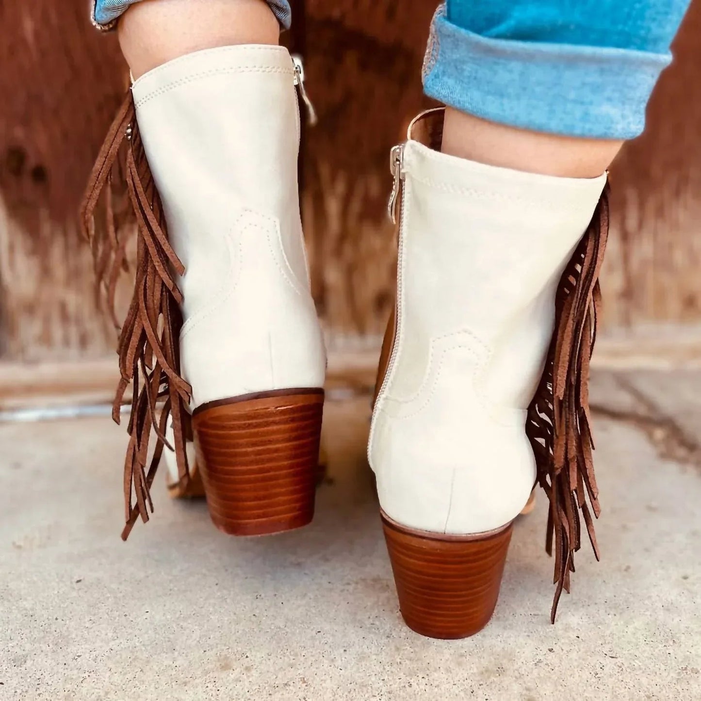 Women's Fringe Denim Boots With Conchos