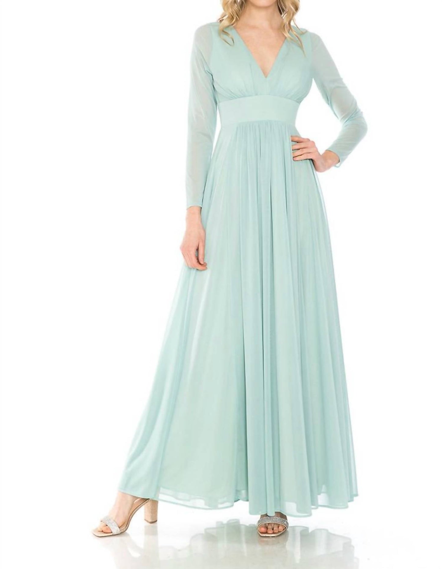 Langärmeliges V-Ausschnitt A-Linien-Kleid