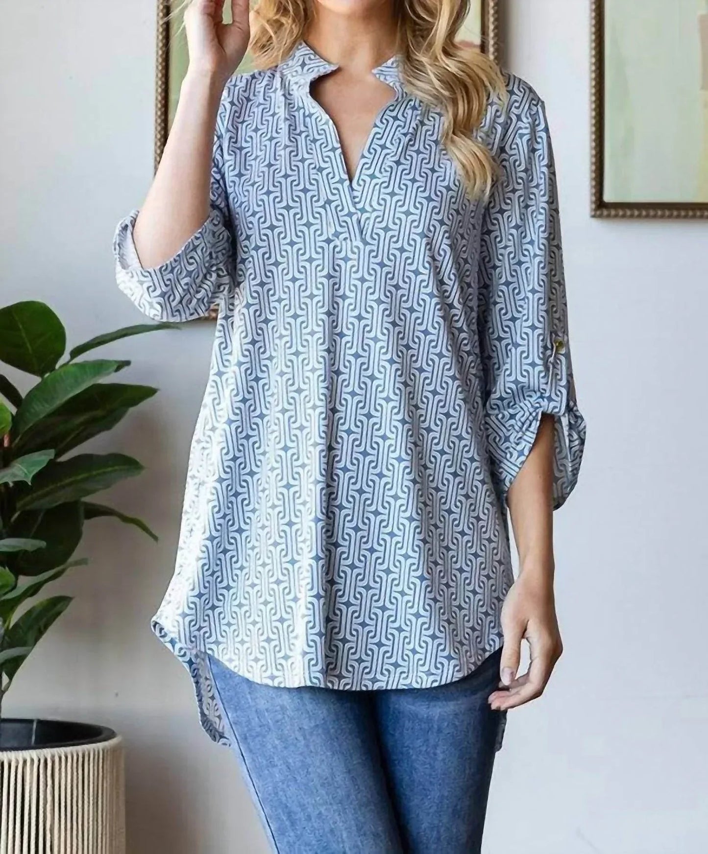 Women's Roll Up Sleeve Mandarin Top