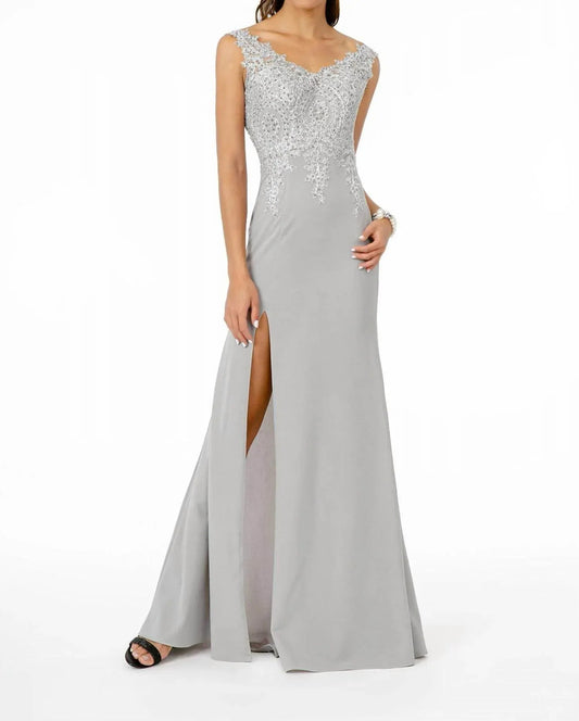 Embroidered Bodice V-neck Jersey Long Dress