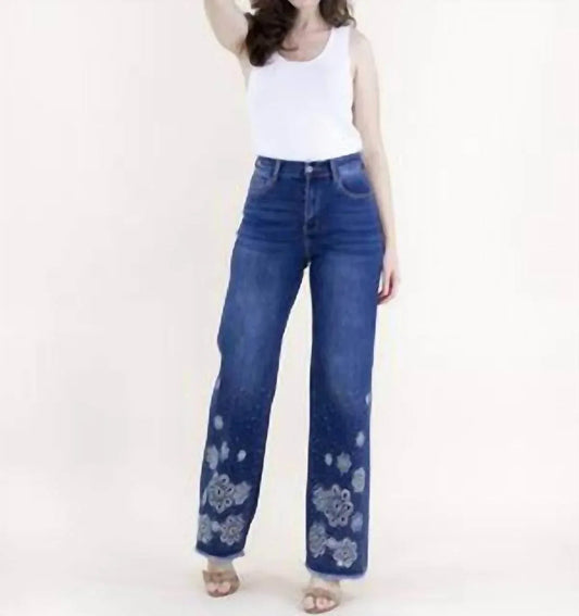 Eyelet Embroidered High Rise Wide Leg Jeans Plus