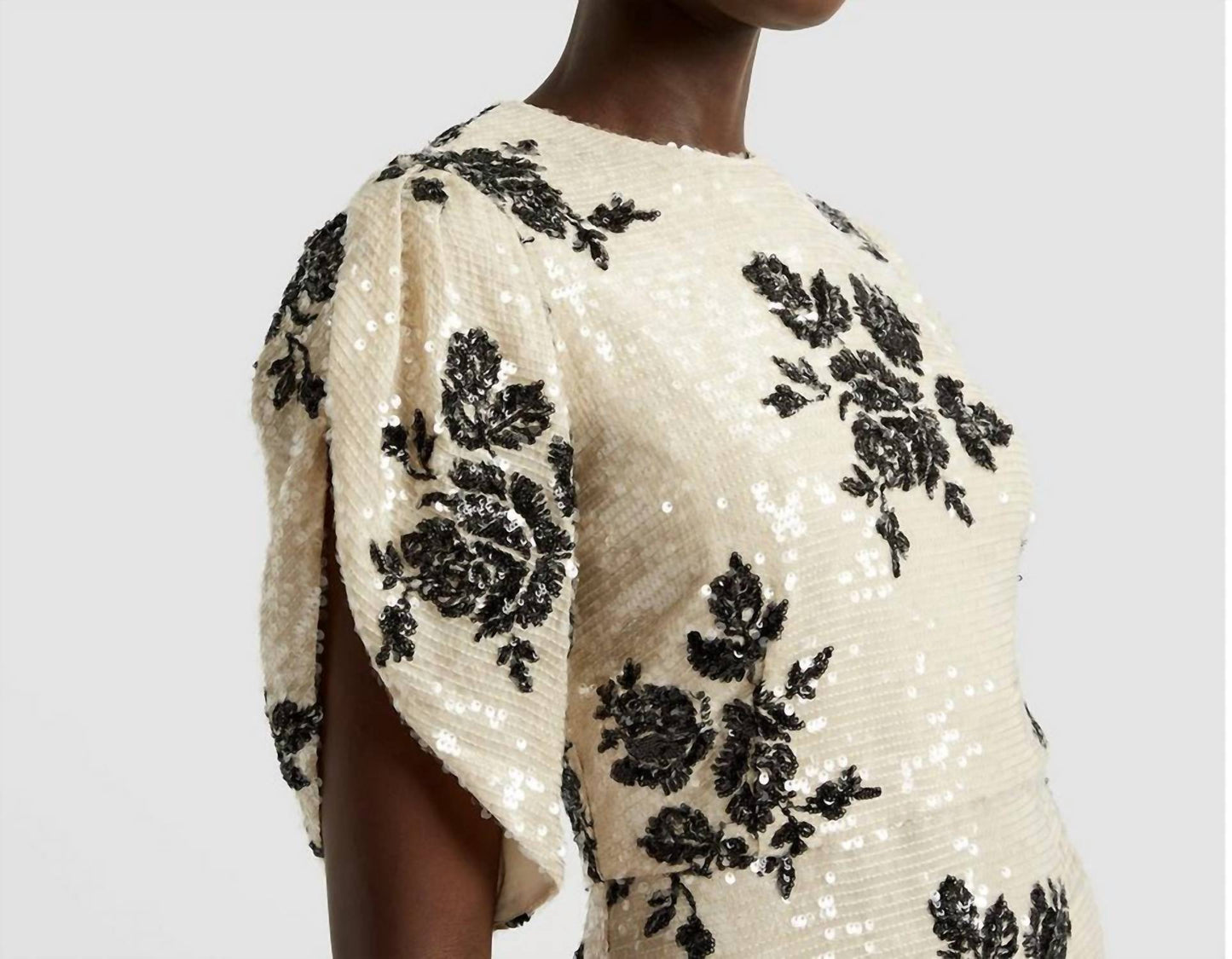 Kurzärmeliges, blumiges Pailletten-Bleistiftkleid