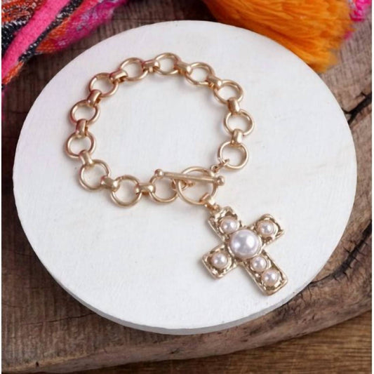 Women's Pearl Cross Charm Toggle Bracelet