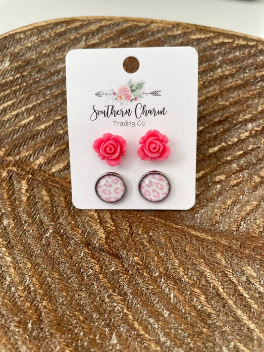 Women's Rose & Leopard Stud Earrings Set