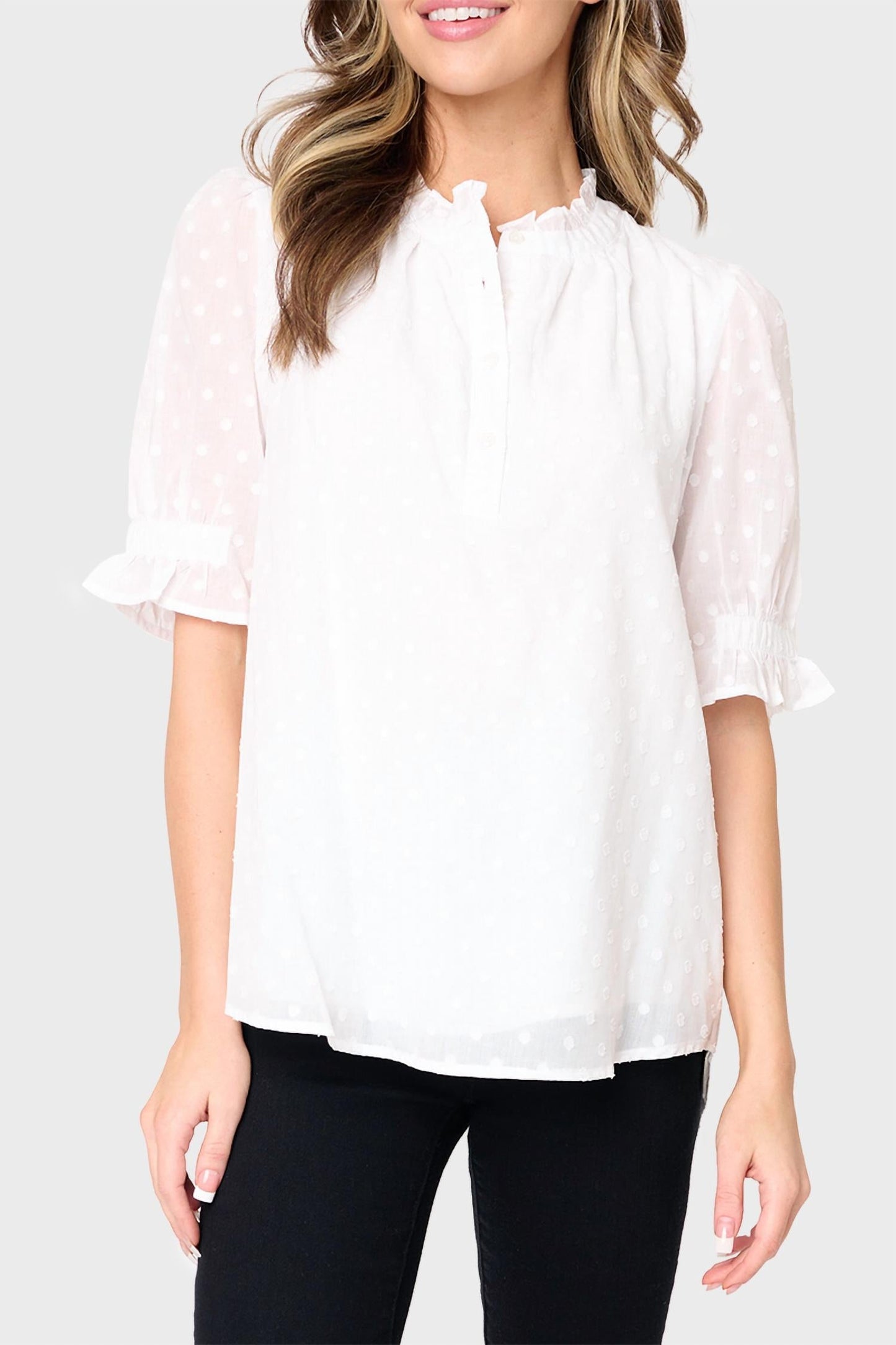 Dianthus Henley Bluse mit Puffärmeln und transparenten Punkten