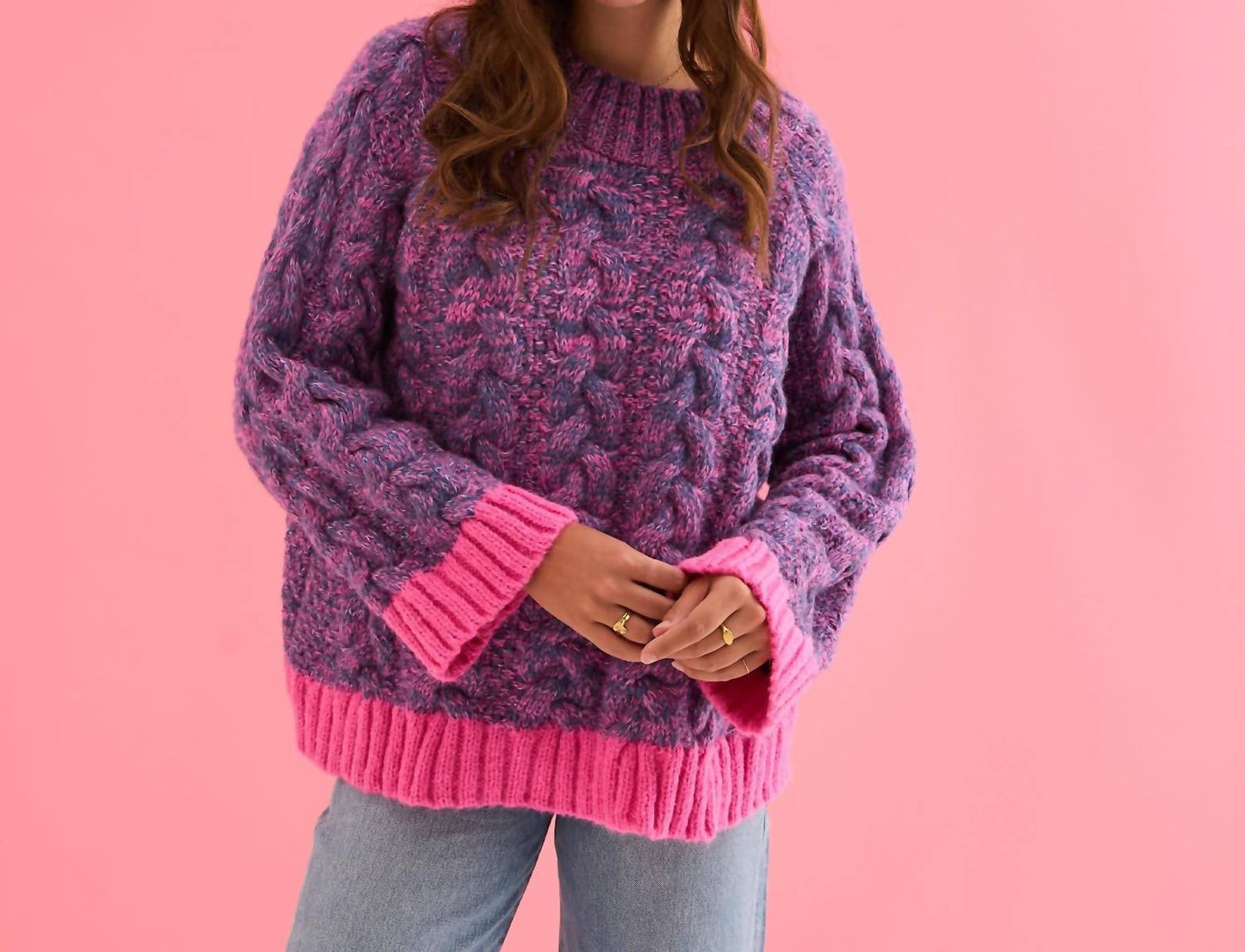 Jennie Cable Marled Strickpullover mit hohem Kragen und Ballonärmeln