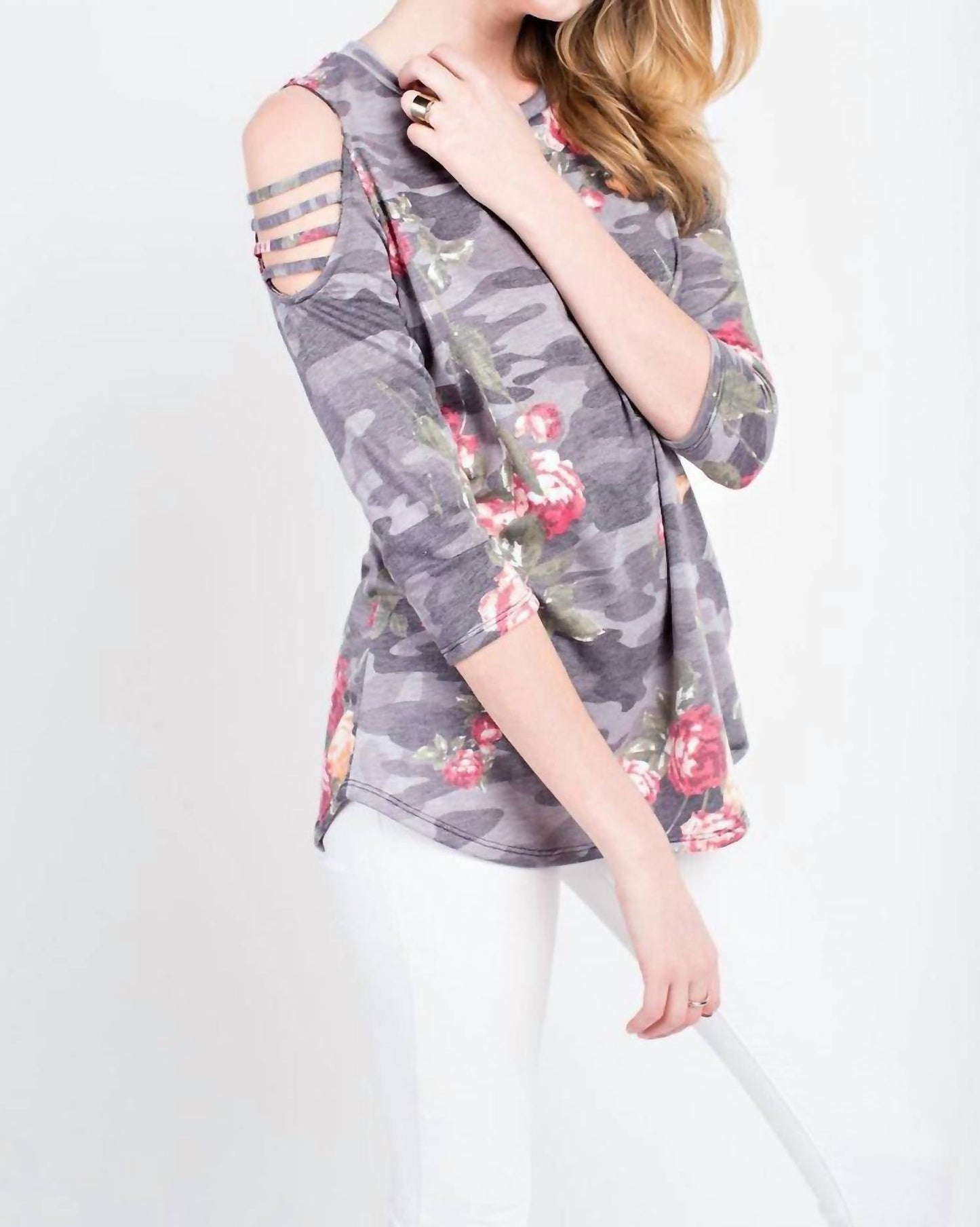 Floral Cold Shoulder 3/4 Sleeve Top