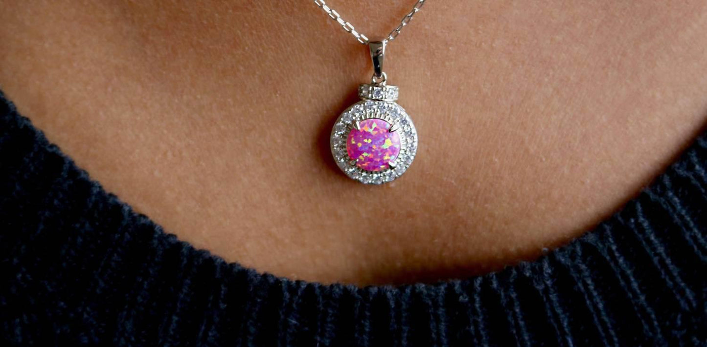 Women's Sterling Silver Circle Opal Necklace