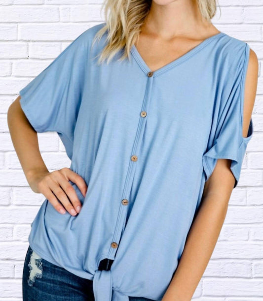 Demetria Cold Shoulder Button Down Tie Top