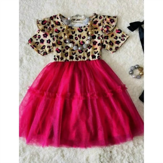 Mädchenkleid mit Leopardenmuster, Rüschenärmeln und pinkfarbenem Tüllrock