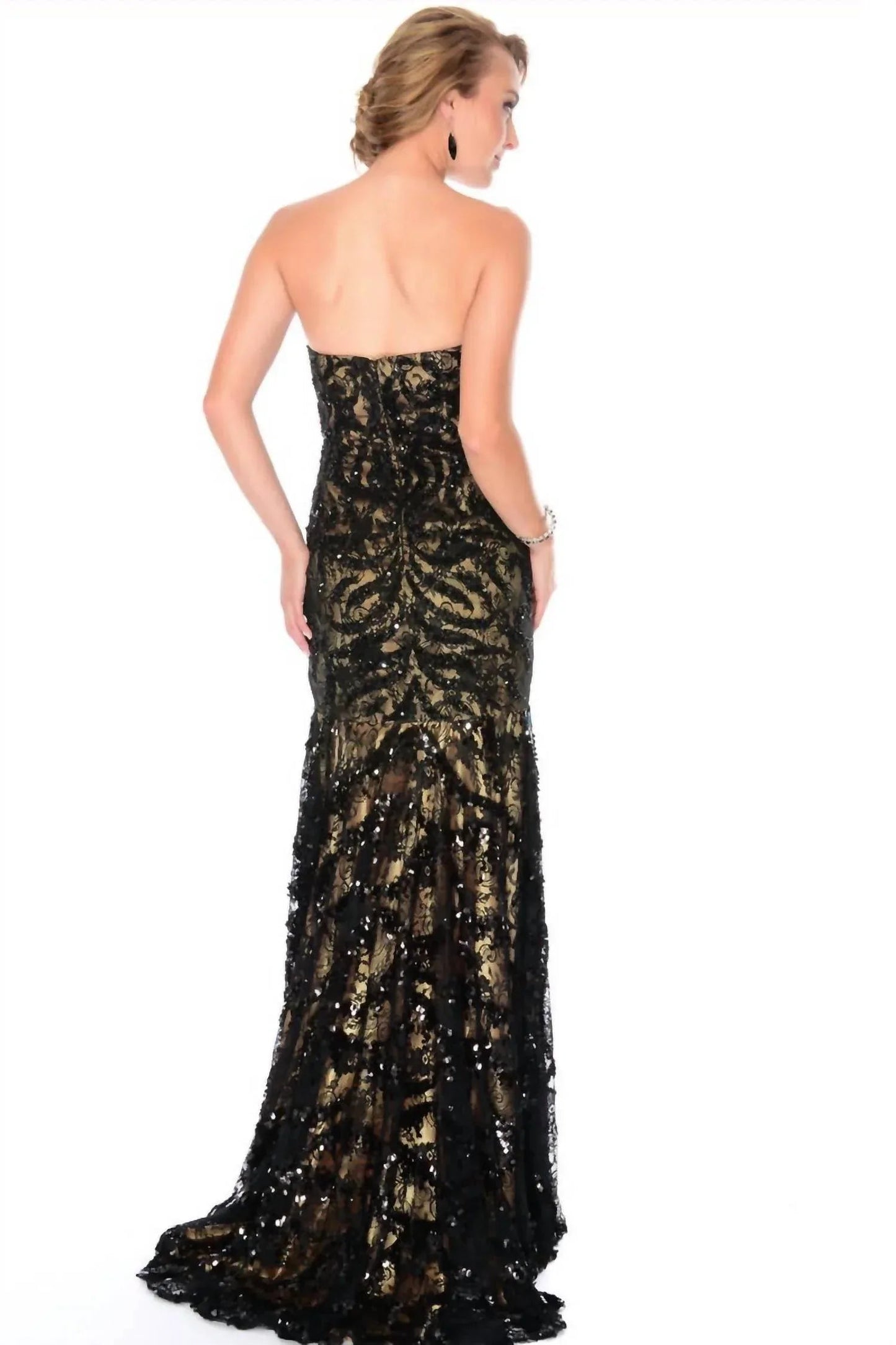 Trägerloses Kleid mit Spitze- und Pailletten-Overlay