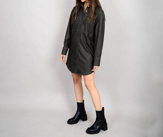 Aliska Distressed Faux Leather Snap Front Shirt Dress