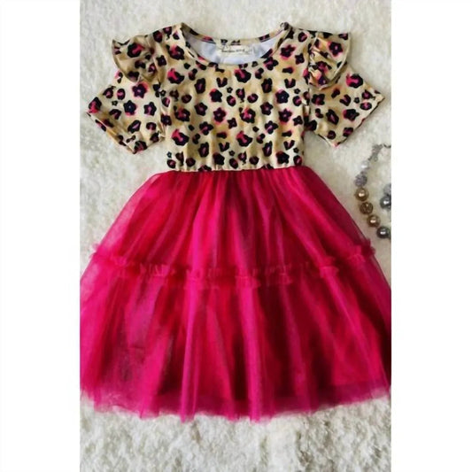 Mädchenkleid mit Leopardenmuster, Rüschenärmeln und pinkfarbenem Tüllrock