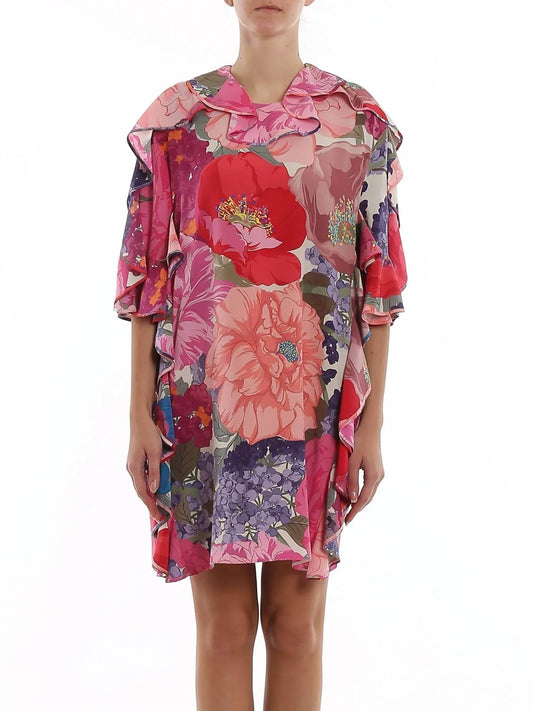 Blumiges Seidenkleid mit Volants