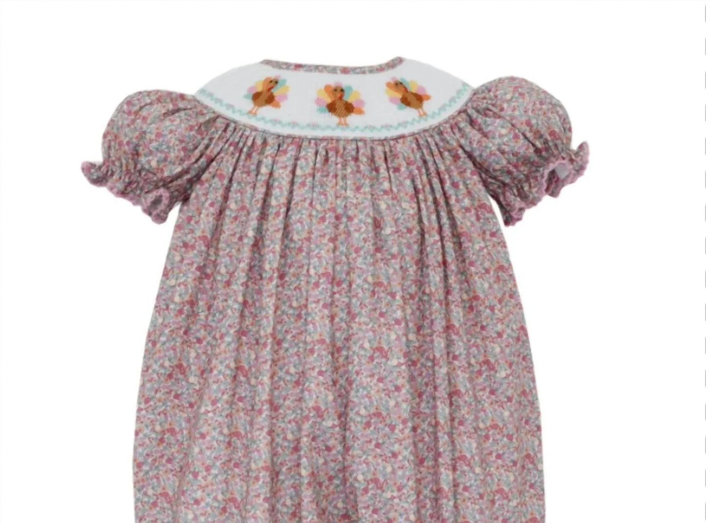 Mädchen Blumen-Truthahn Puffärmel Romper mit Smock-Einsatz