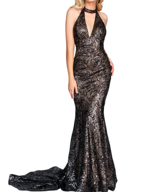 Neckholder-Maxikleid mit Pailletten und V-Ausschnitt