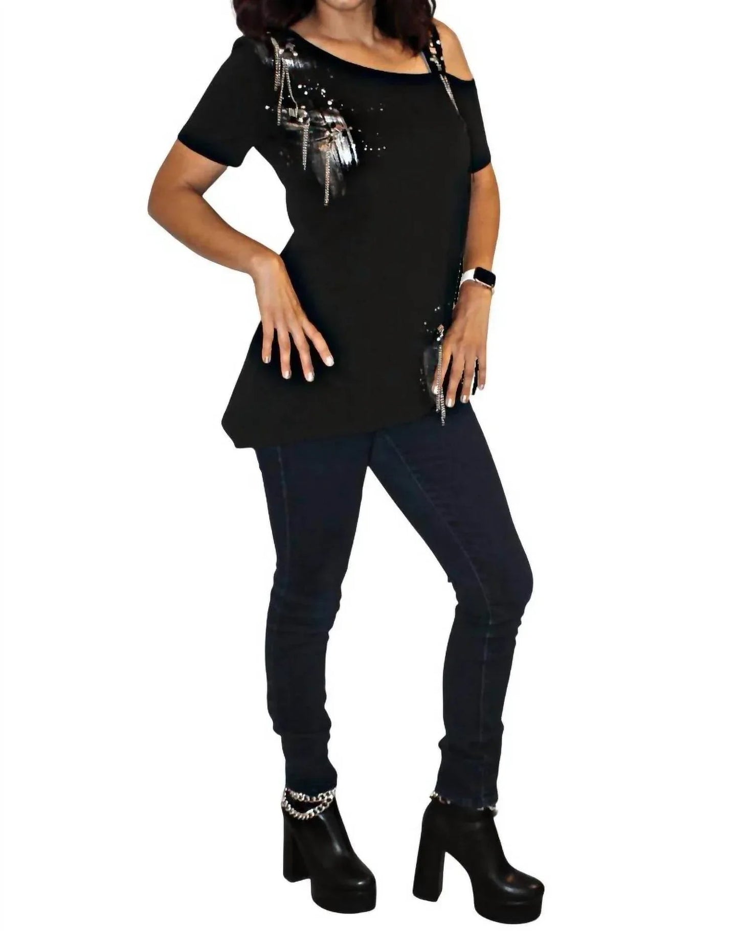 Tania One-Shoulder Studded Tee