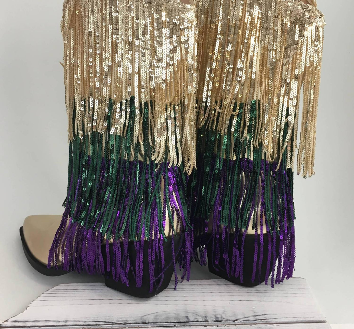 Damen-Mardi-Gras-Pailletten-Fransenstiefel