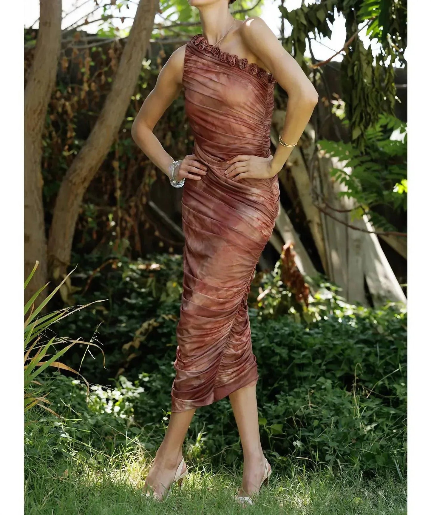 Floral Ruched Rosette One-shoulder Midi Dress