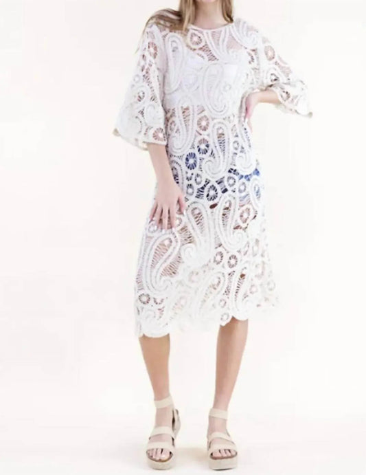 Cotton Boho Paisley Boat Neck Crochet Midi Dress