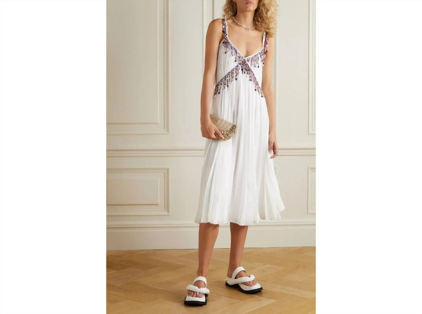 Pleated Bead-Embellished Georgette Mini Dress