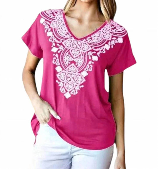 Damask Print V-neck Top - Plus