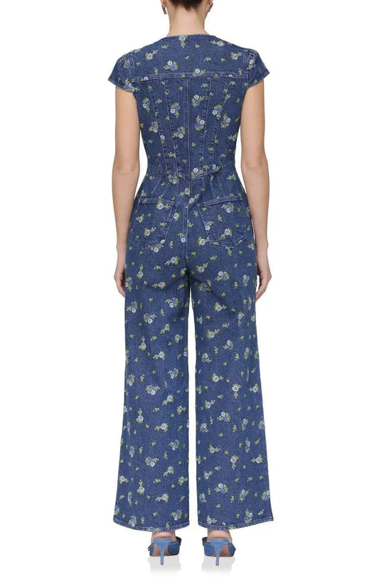 Floral Cap Sleeve Corset Wide Leg Denim Jumpsuit
