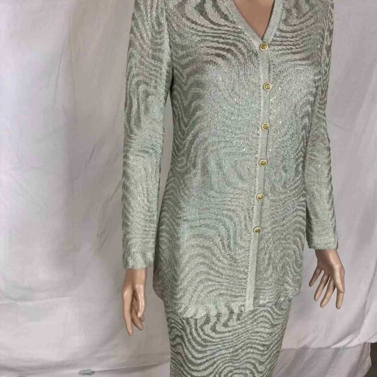Women's Metallic Knit Skirt And Cardigan Set