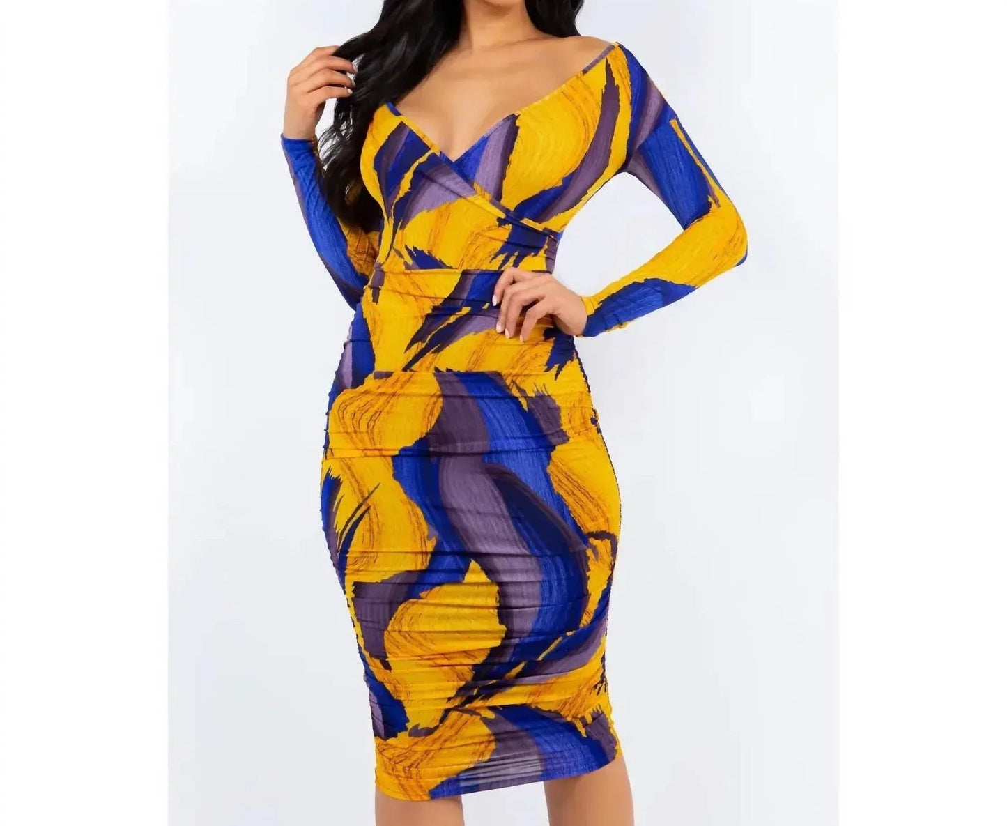 Off Shoulder Wrap Ruched Midi Dress